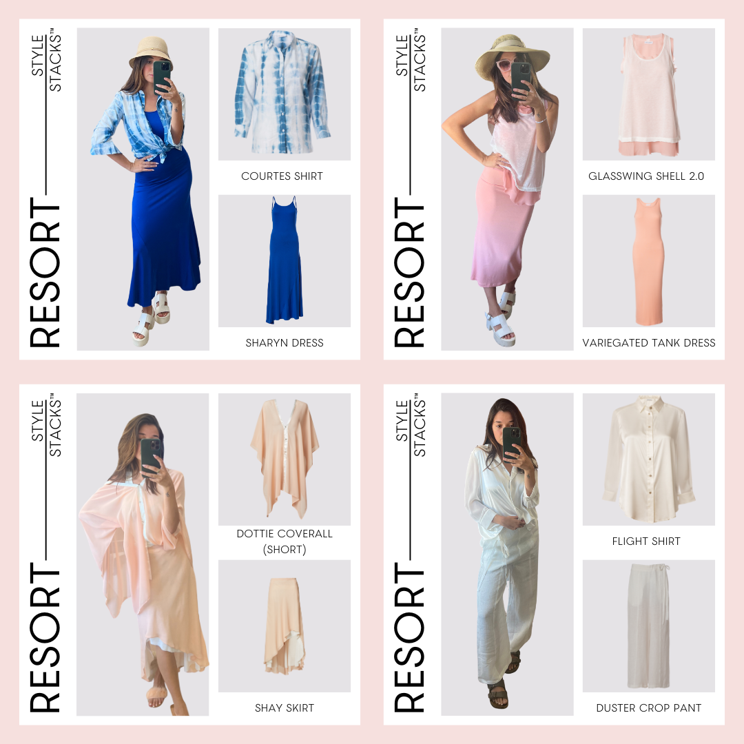 info graphic showing four different resort style stacks by inlarkin showing how easy it is to make an outfit with inlarkin clothing