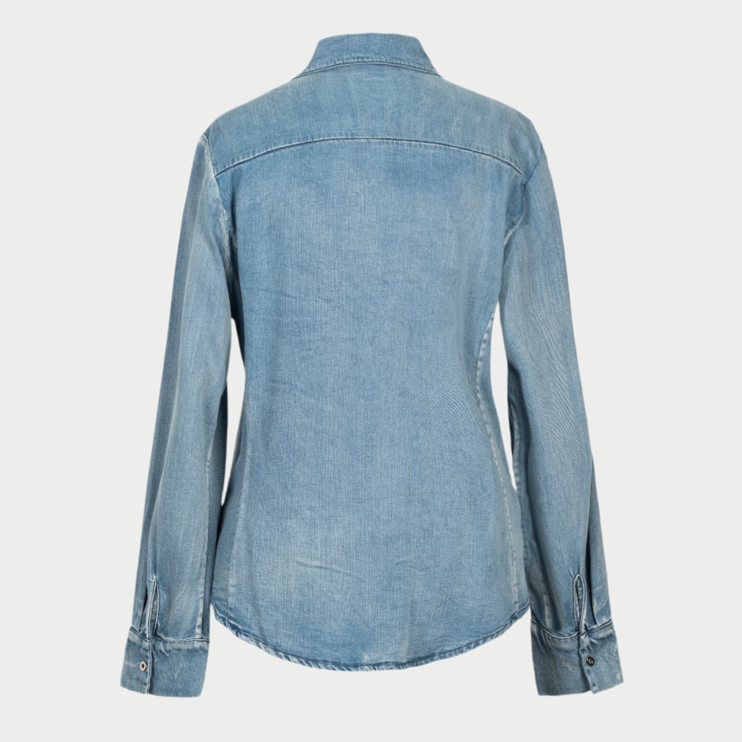 the alex shirt in denim back view by inlarkin showing the shoulder seam and relaxed fit