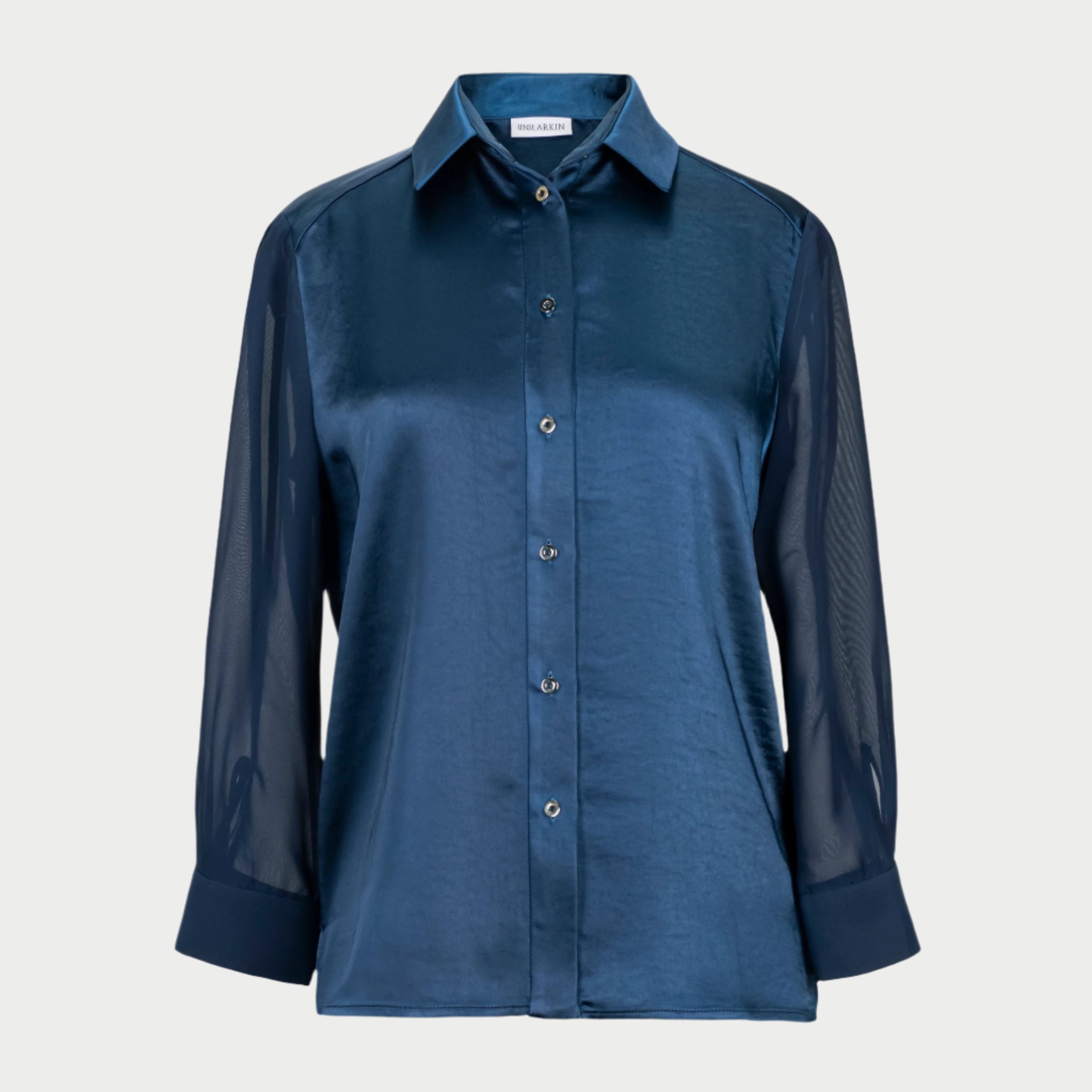 the aliferous shirt in navy by inlarkin front view showing the contrast sleeve fabric, baby buttons and collar
