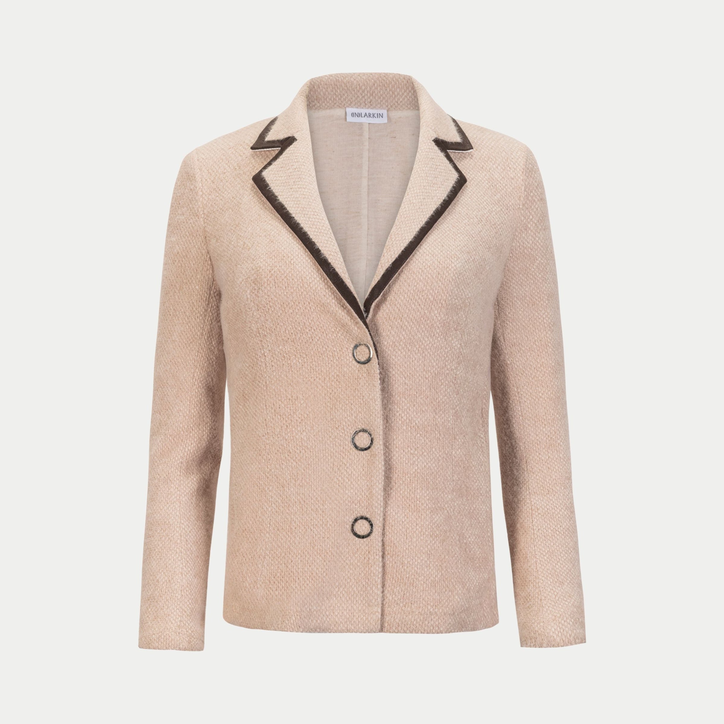 austin blazer front view in oat by inlarkin showing the notched collar, oversized snaps and front detailed seams