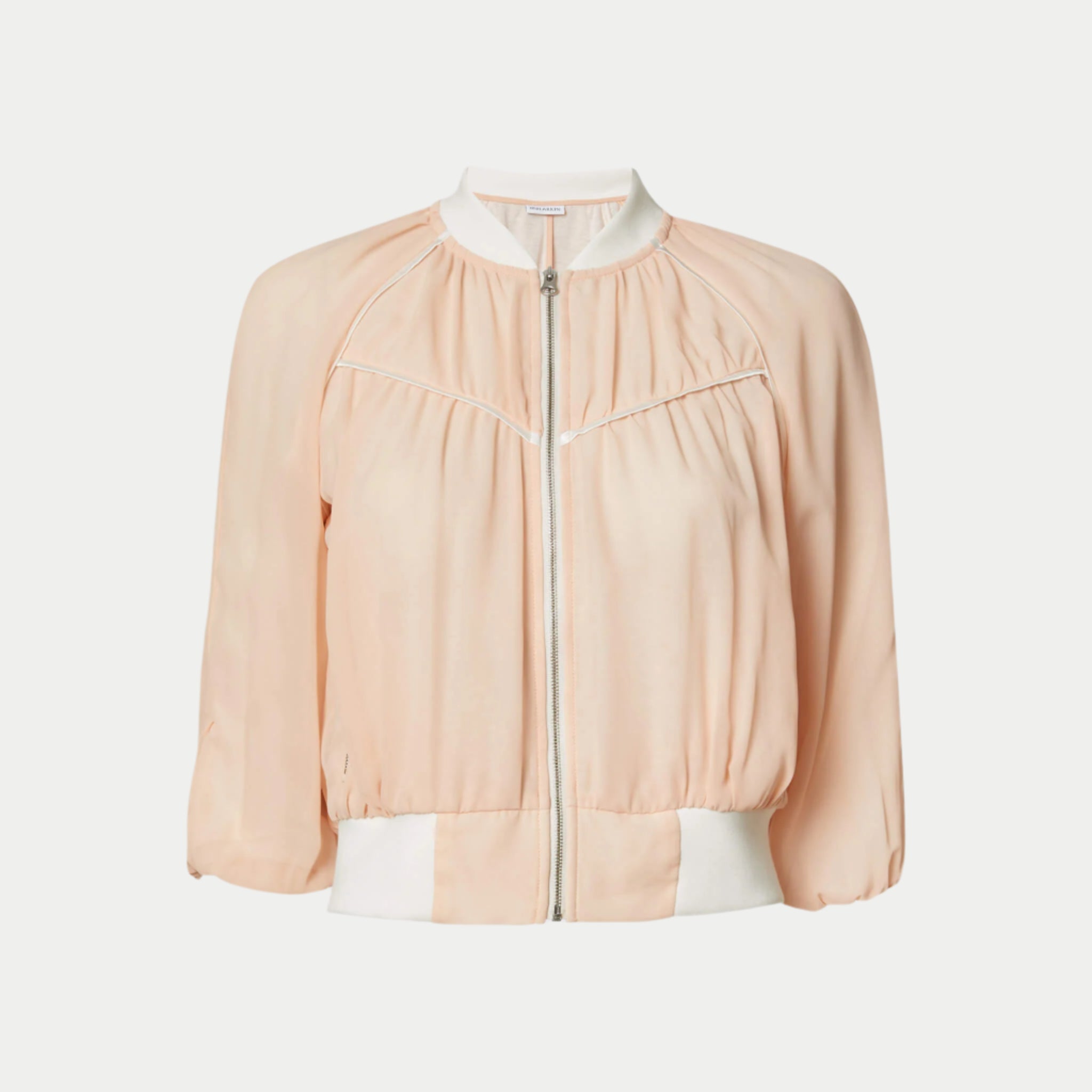 beauty bomber jacket in coral by inlarkin front view showing the piping and zipper detail