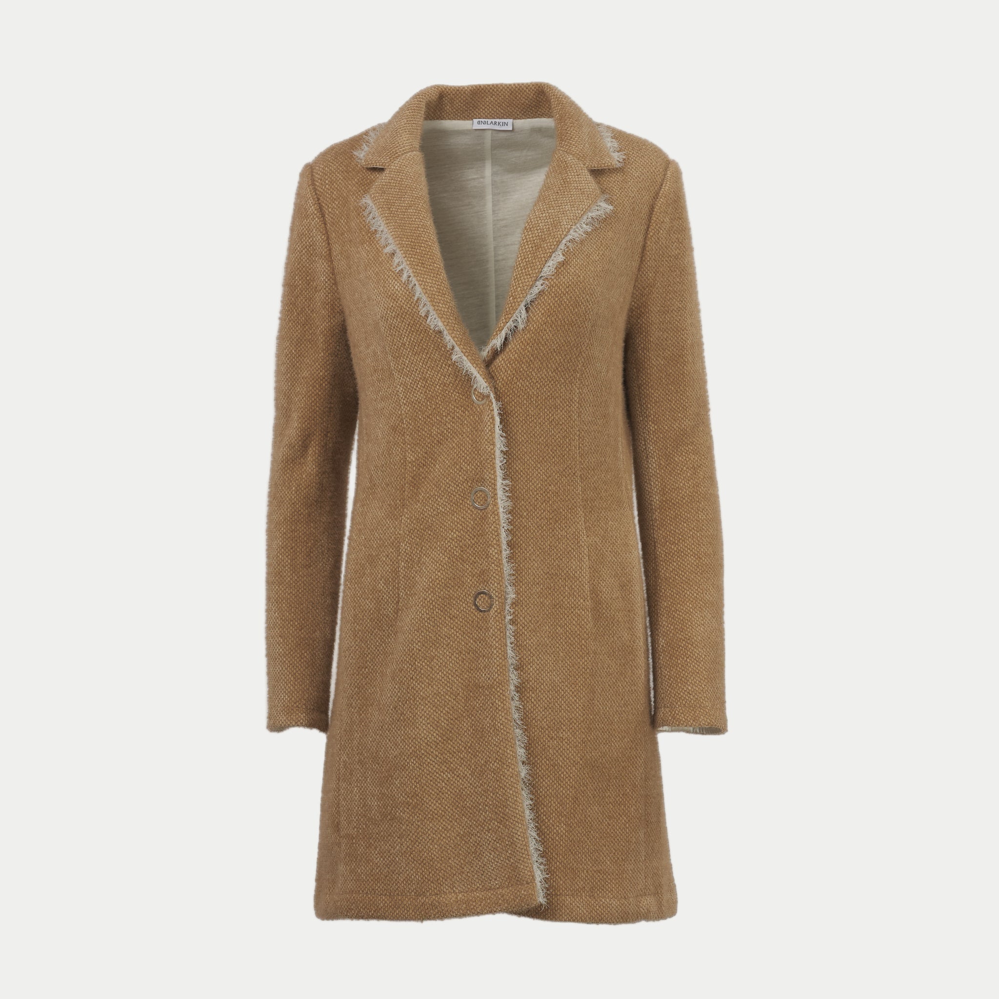 Belle blazer in fawn by inlarkin showing the raw-edged chiffon detail, contrast sateen under collar, on seam pockets and silky linen lining, front view