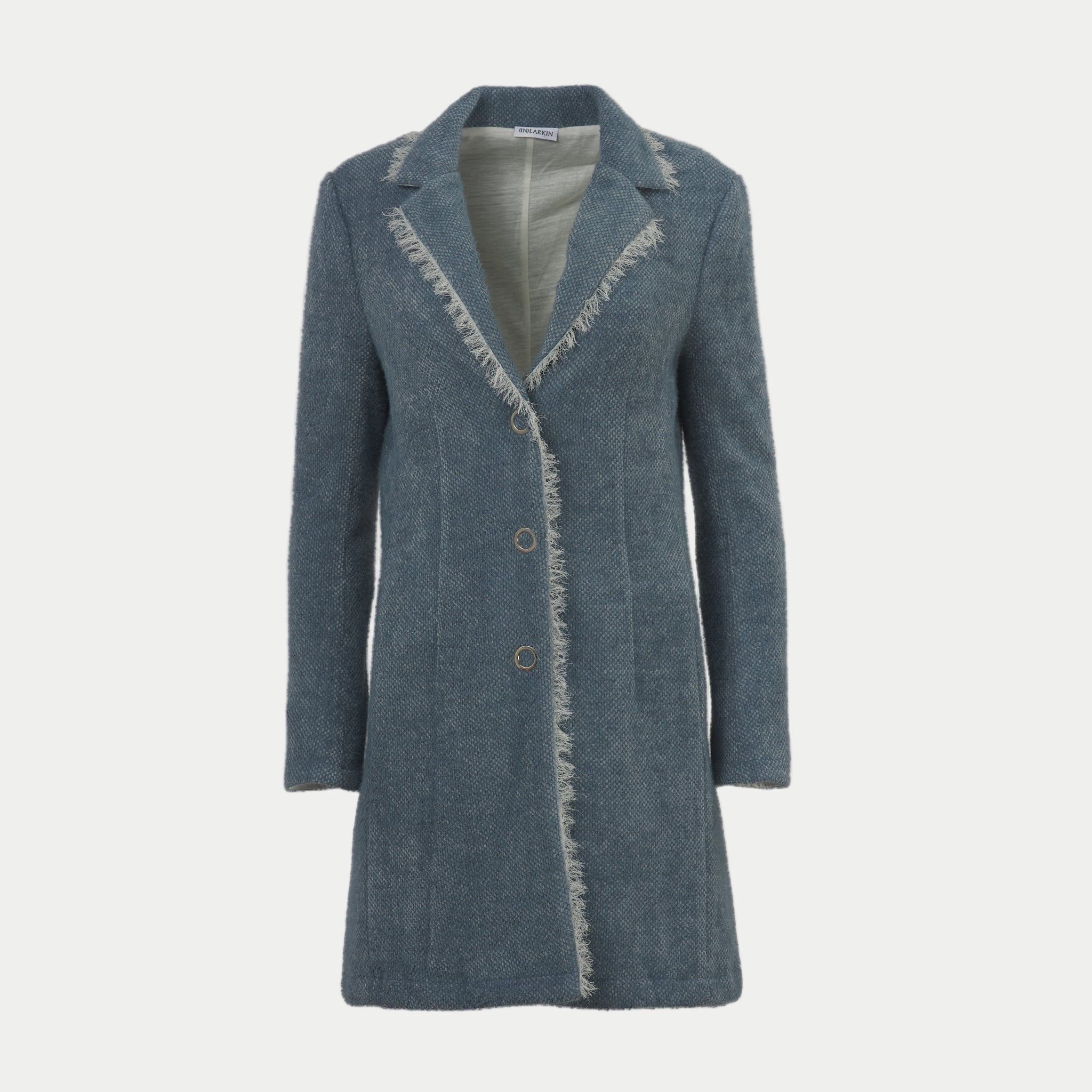 Belle blazer in laguna by inlarkin showing the raw-edged chiffon detail, contrast sateen under collar, on seam pockets and silky linen lining, front view