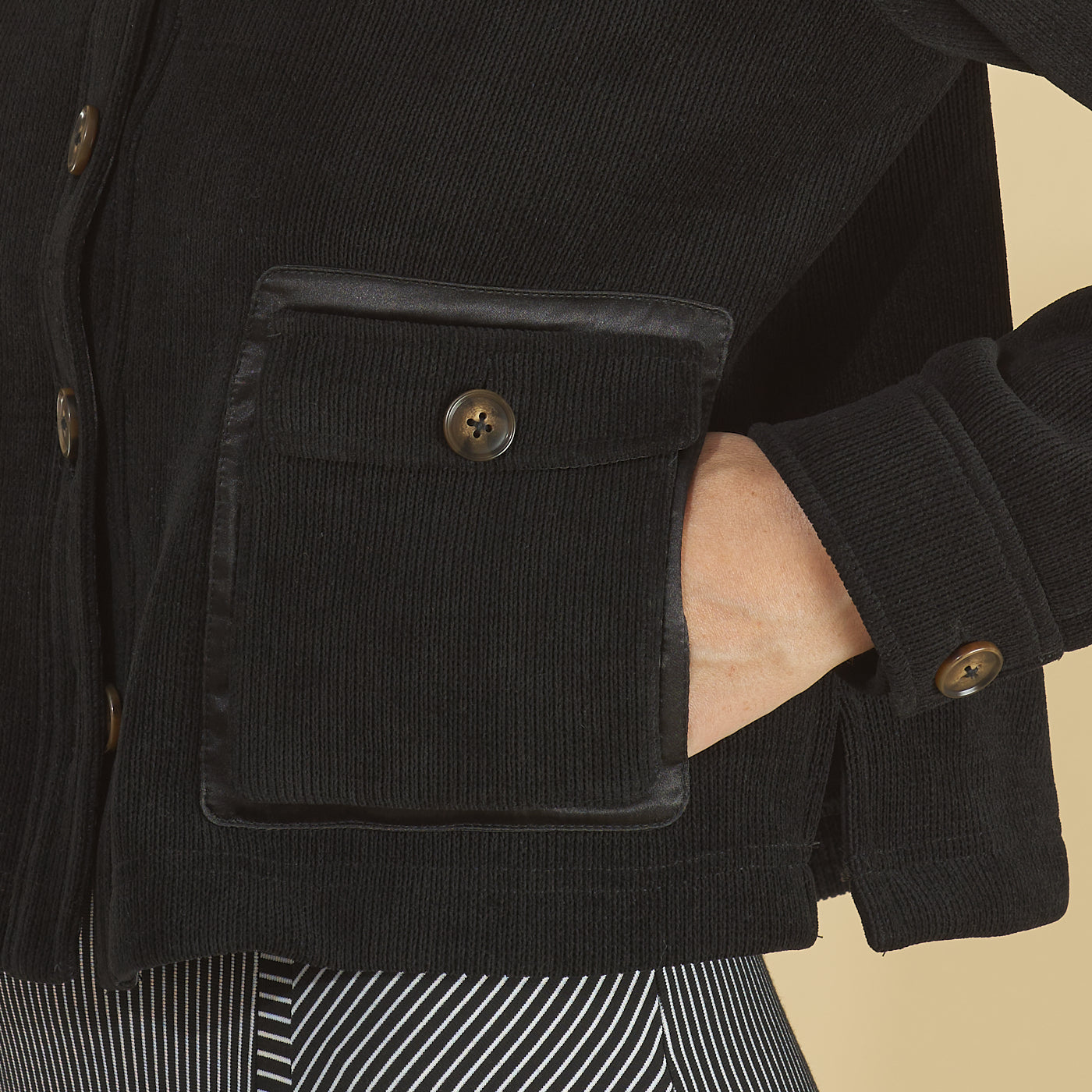 the cropped shirt jacket by inlarkin featuring sateen dual patch pockets, seaglass buttons, and a backed placket add refined touches.