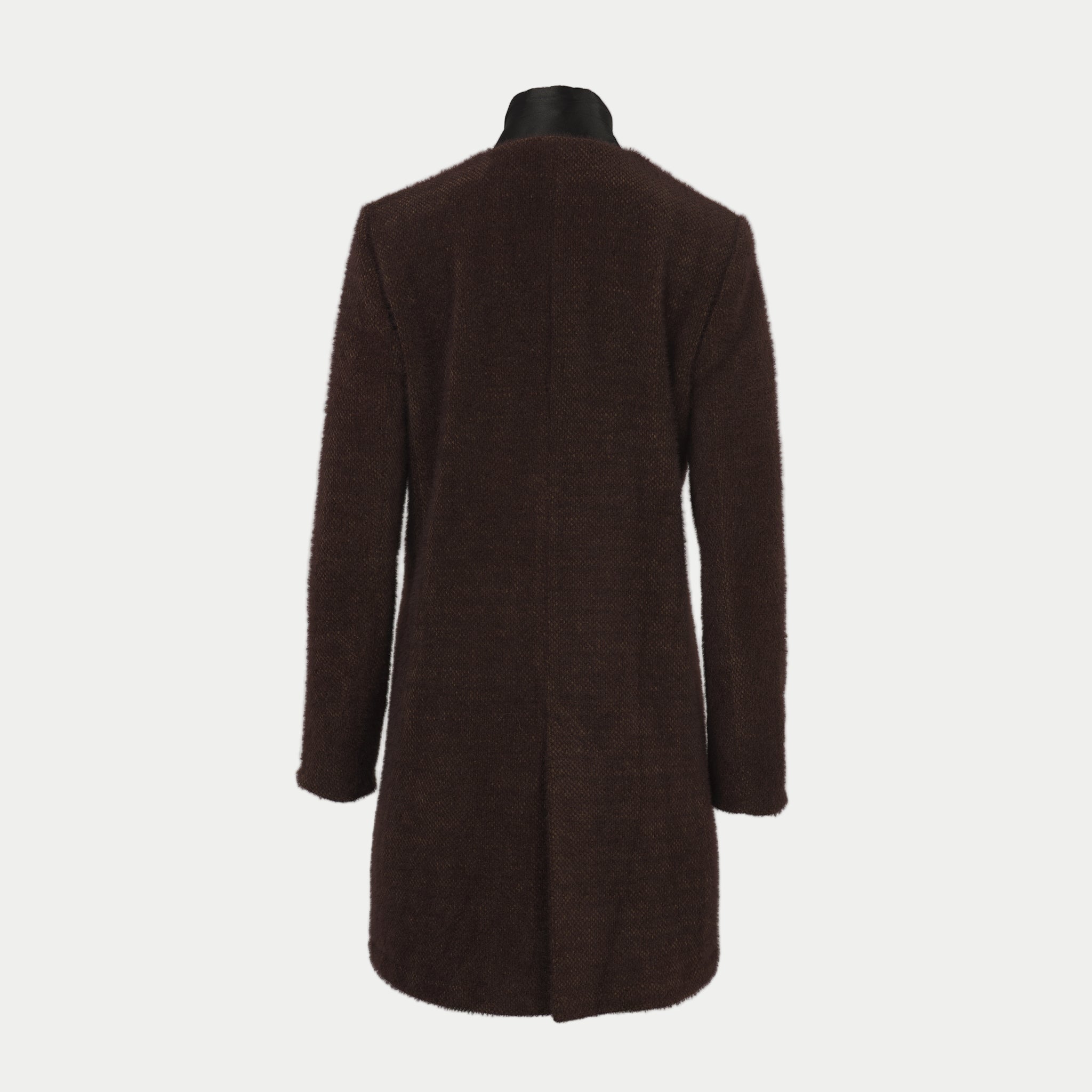 Chocolate colored coat with dark collar back view by inlarkin on an off-white background