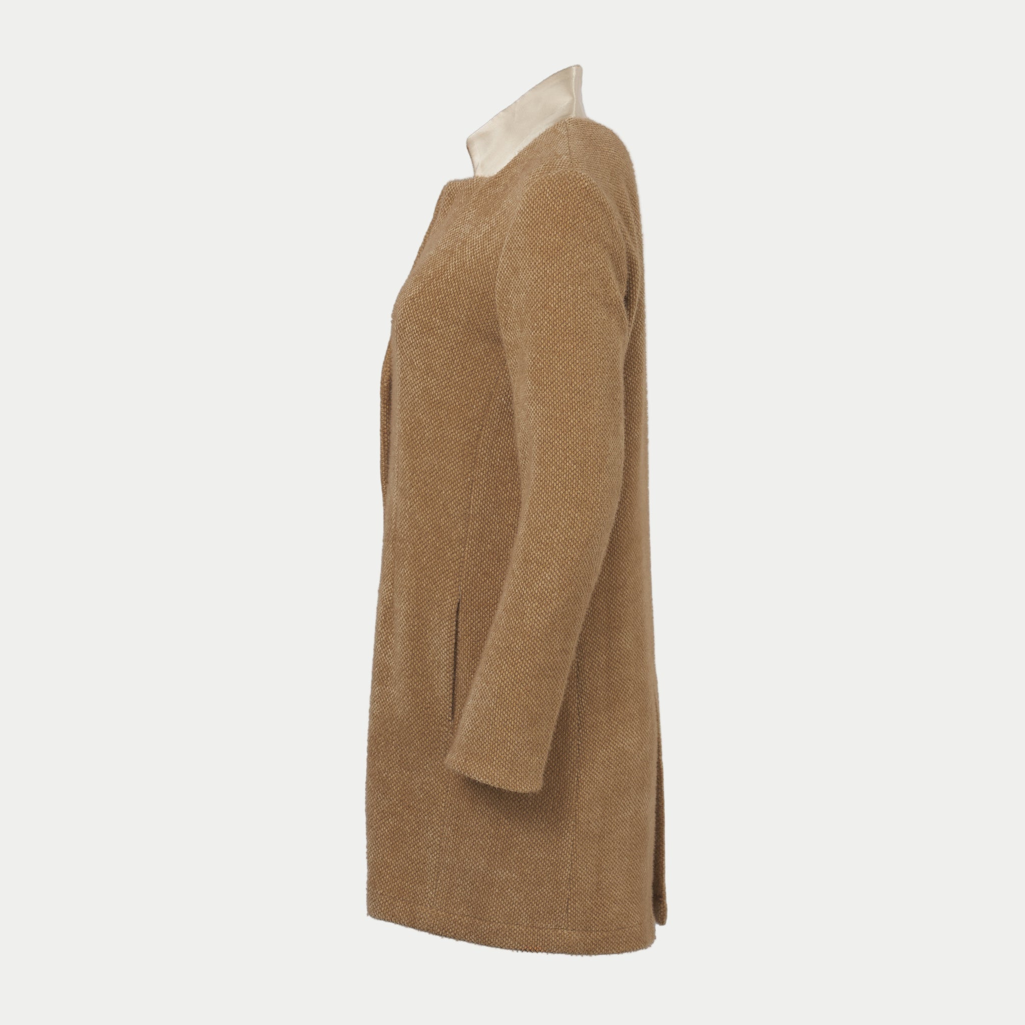 fawn colored coat with beige collar side view by inlarkin on an off-white background