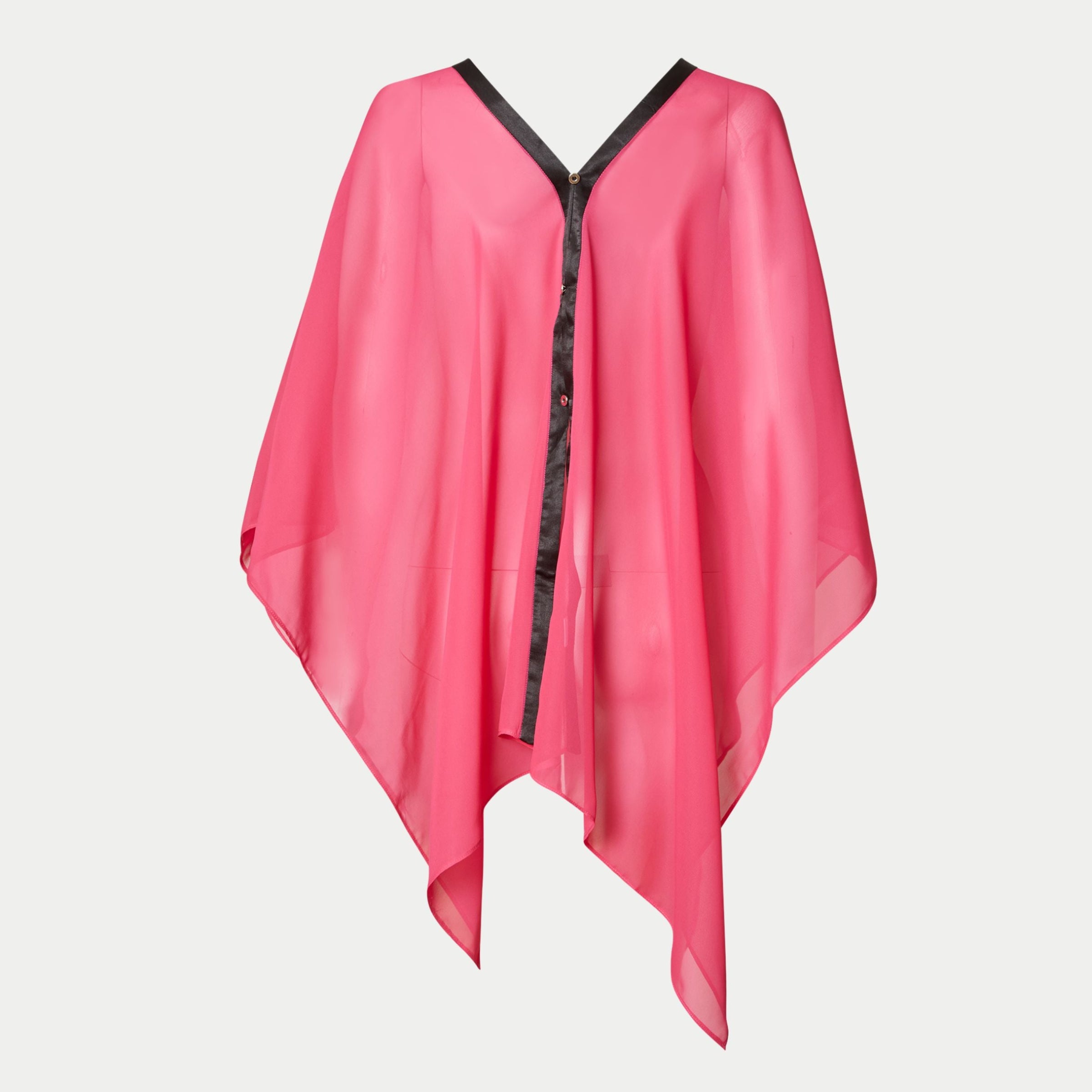 the dottie coverall short by inlarkin in fuchsia with contrasting black satin trim and baby silver buttons is a versatile caftan that has multiply styling options