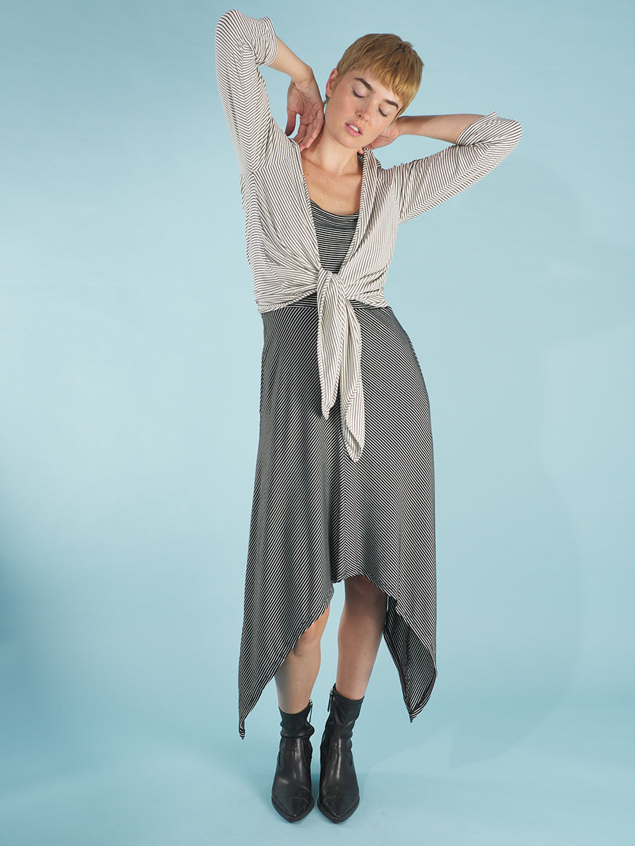 the drunk stripe dress by inlarkin in black stripe with the front knot cardigan in white stripe tied in the front as the perfect casual layer