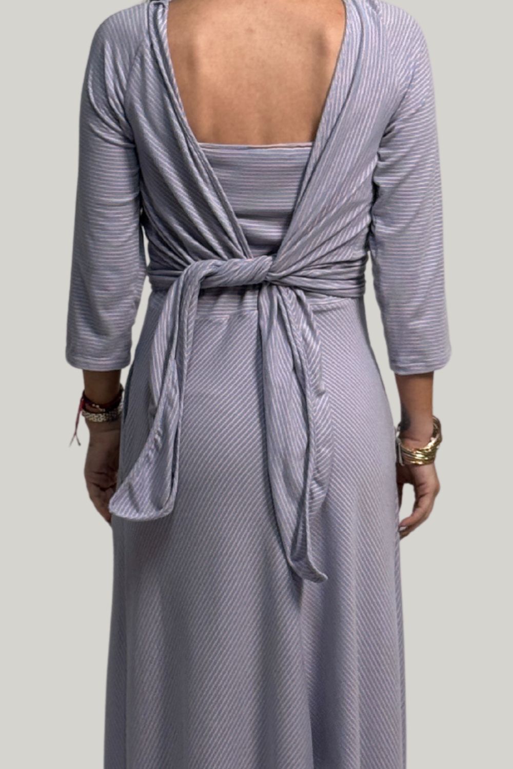the drunk stripe dress and front knot cardigan by inlarkin in lilac back view