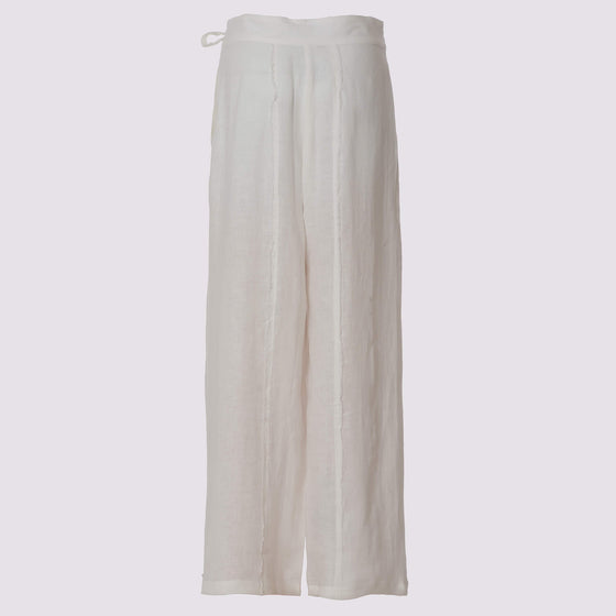 back view of the duster pant in white by inlarkin showing the tie waistband and fringe seams dow the front of the pant