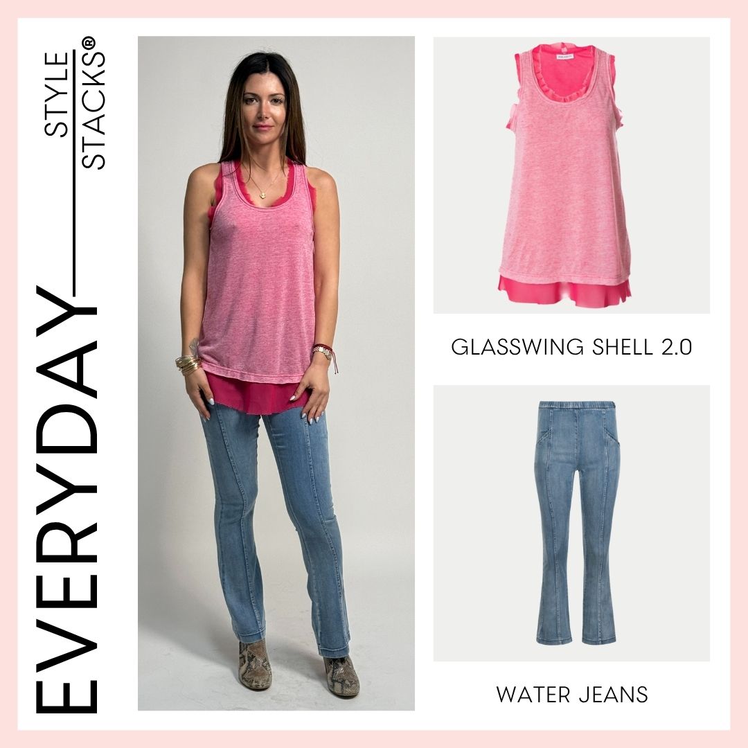 Woman wearing a fuchsia glasswing shell 2.0 top and denim water jeans jeans with product images on a gray background