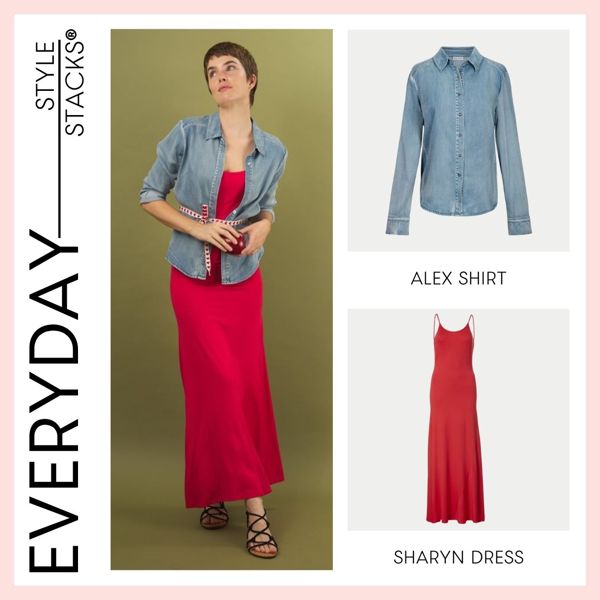 Woman wearing a denim alex shirt and red sharyn dress by inlarkin with 'Style Stacks' branding.