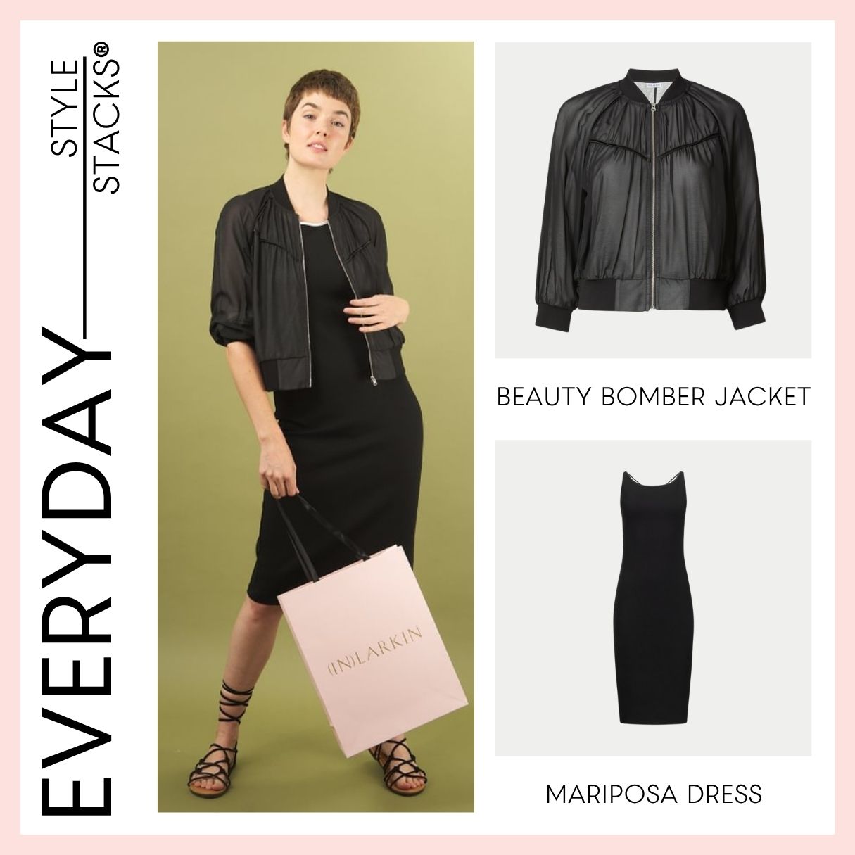 Woman wearing a black bomber jacket and black mariposa dress by inlarkin with 'Everyday' branding and product images.
