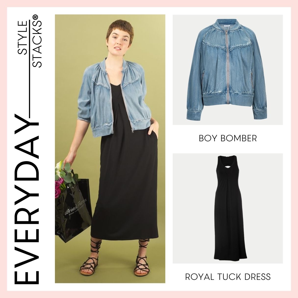 Woman wearing a denim boy bomber jacket and black royal tuck dress by inlarkin with 'Everyday Style Stacks' branding.