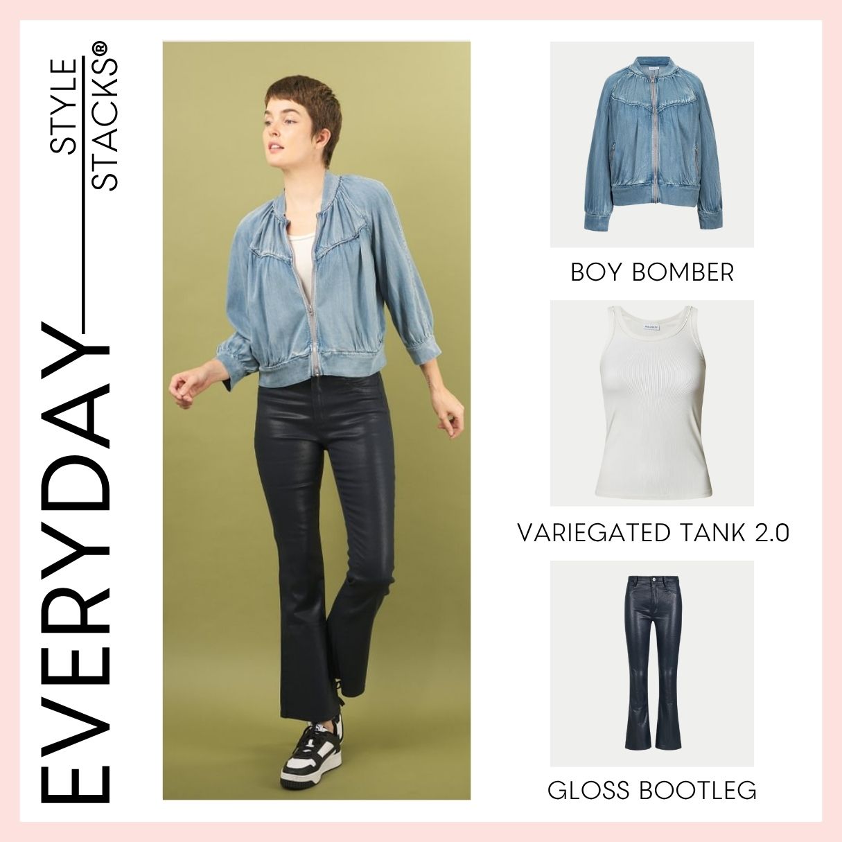 Woman wearing a denim boy bomber jacket and black gloss bootleg pants by inlarkin, with white sneakers on a green background with fashion items displayed