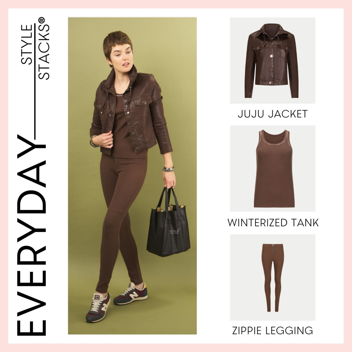 Woman wearing a brown juju jacket, winterized tank top and zippie leggings by inlarkin with 'Style Stacks' branding on a green background