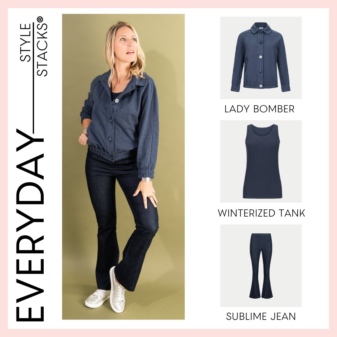 Woman wearing an indigo lady bomber jacket and sublime jean by inlarkin, tank top, and jeans with 'Everyday Style Stacks' branding.