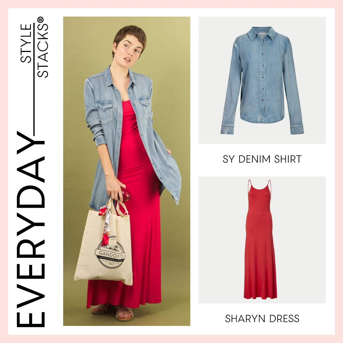 Woman wearing a sy denim shirt over a red sharyn dress by inlarkin with 'Everyday Style Stacks' branding.