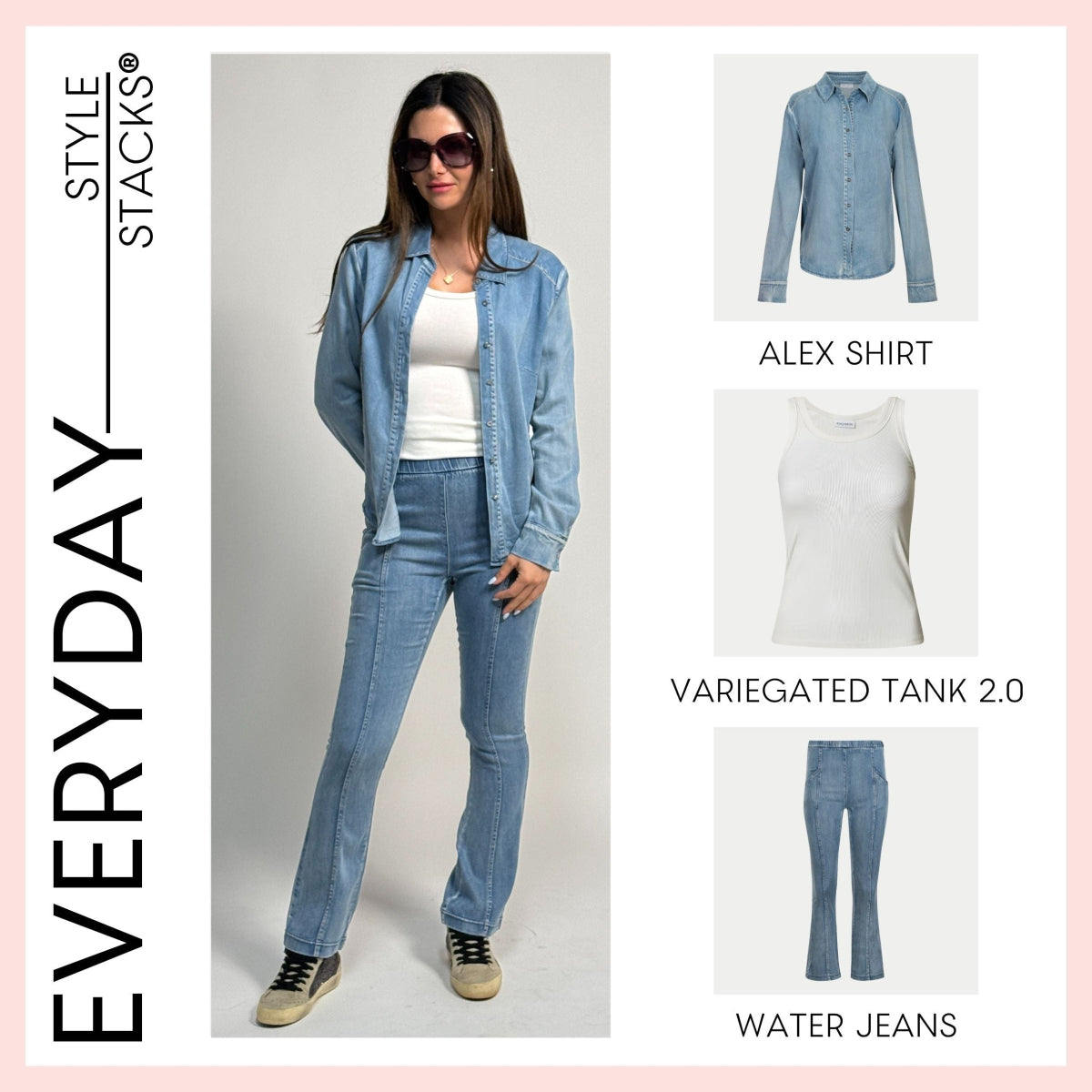 a collage of the everyday style stack by inlarkin featuring the alex shirt, variegated tank 2.0 and water jean