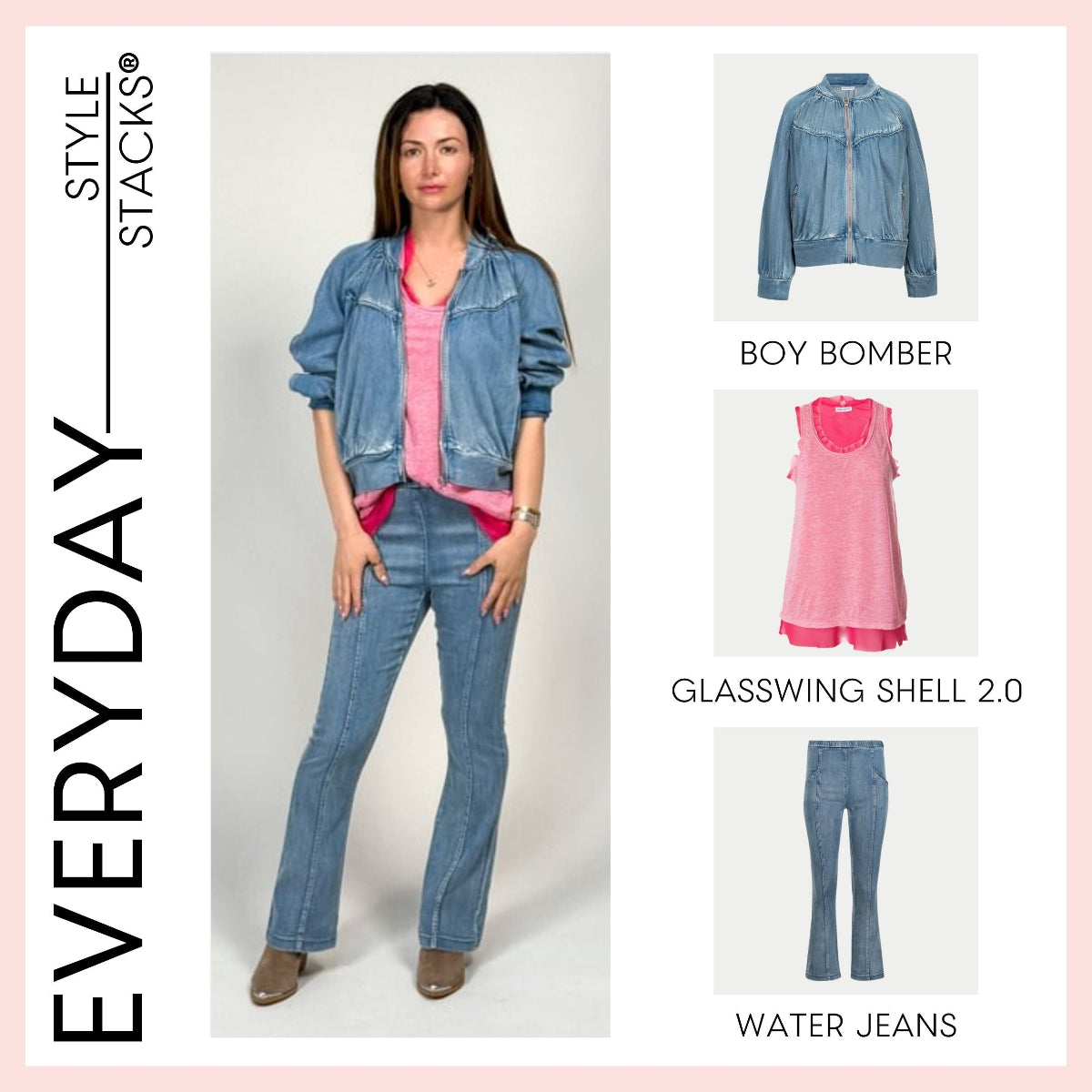 a collage of the everyday style stack by inlarkin featuring the boy bomber, glasswing shell 2.0 and water jean