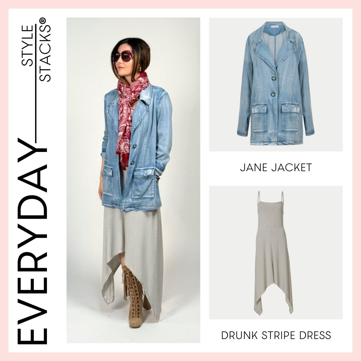 a collage of the everyday style stack by inlarkin featuring the jane jacket and drunk stripe dress