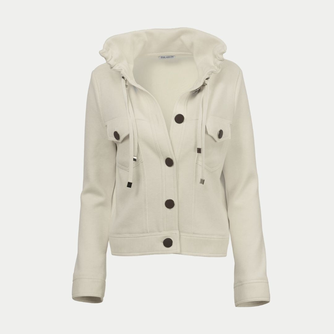 off white hooded jacket with black buttons by inlarkin on an off white background