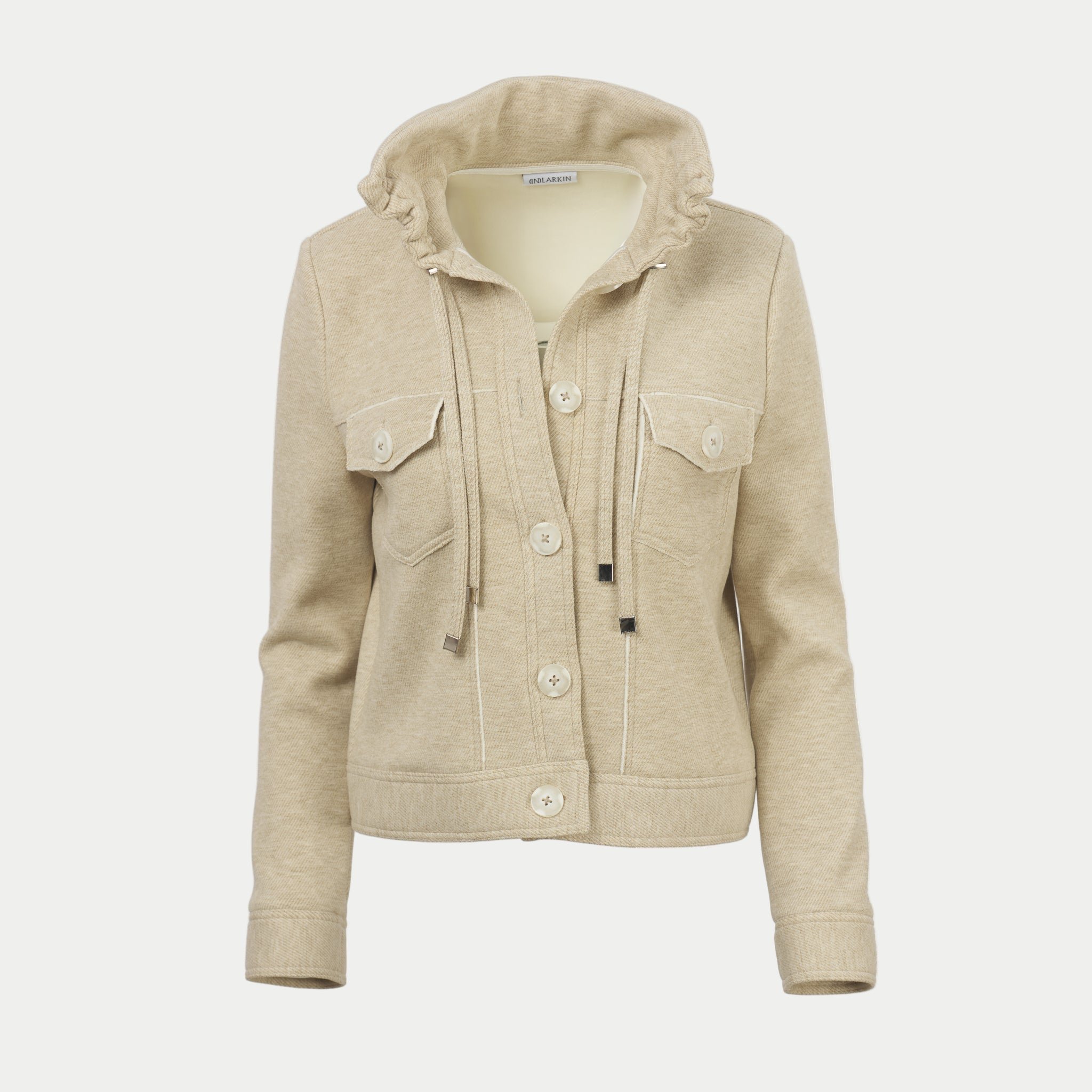 wheat colored hooded jacket with sea glass buttons by inlarkin on an off white background
