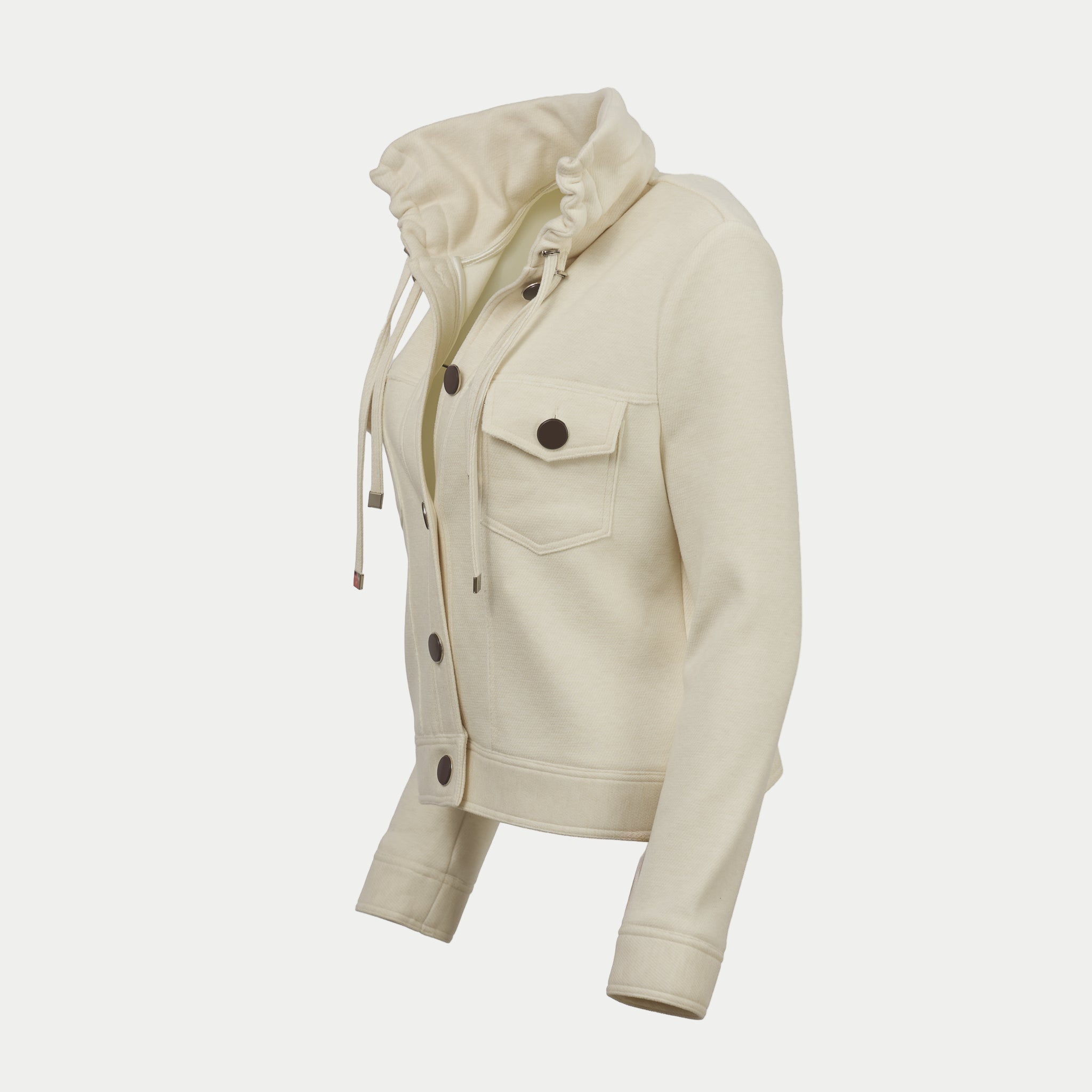 off white hooded jacket with black buttons by inlarkin on an off white background