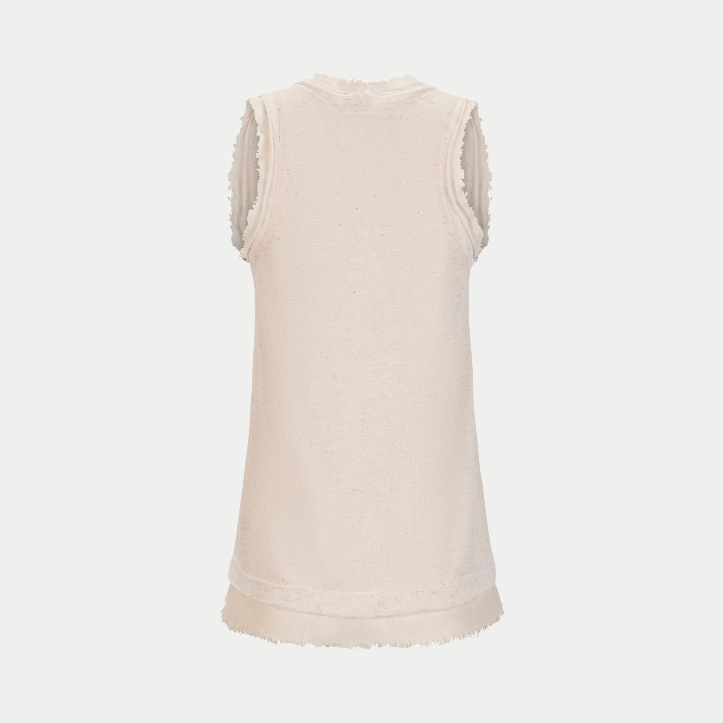 back view of the glasswing shell 2.0 in cream with white by inlarkin showing the detailed raw edge hem at neckline and arm holes