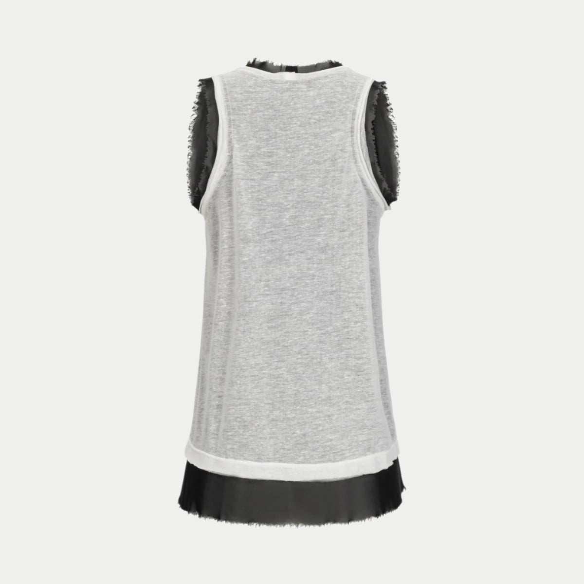 back view of the glasswing shell 2.0 in black with white by inlarkin showing the detailed raw edge hem at neckline and arm holes
