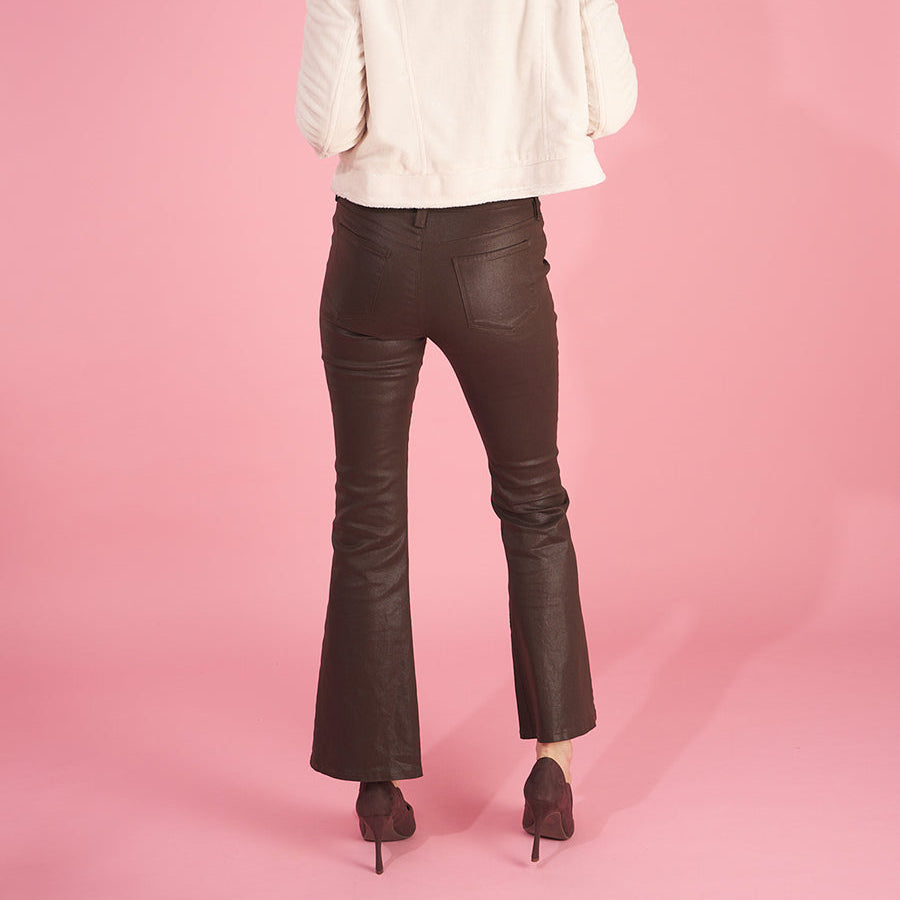 the gloss bootleg by inlarkin in chocolate back view featuring pockets, exceptional fit and bootleg flare paired with the lucy jacket in vanilla back view
