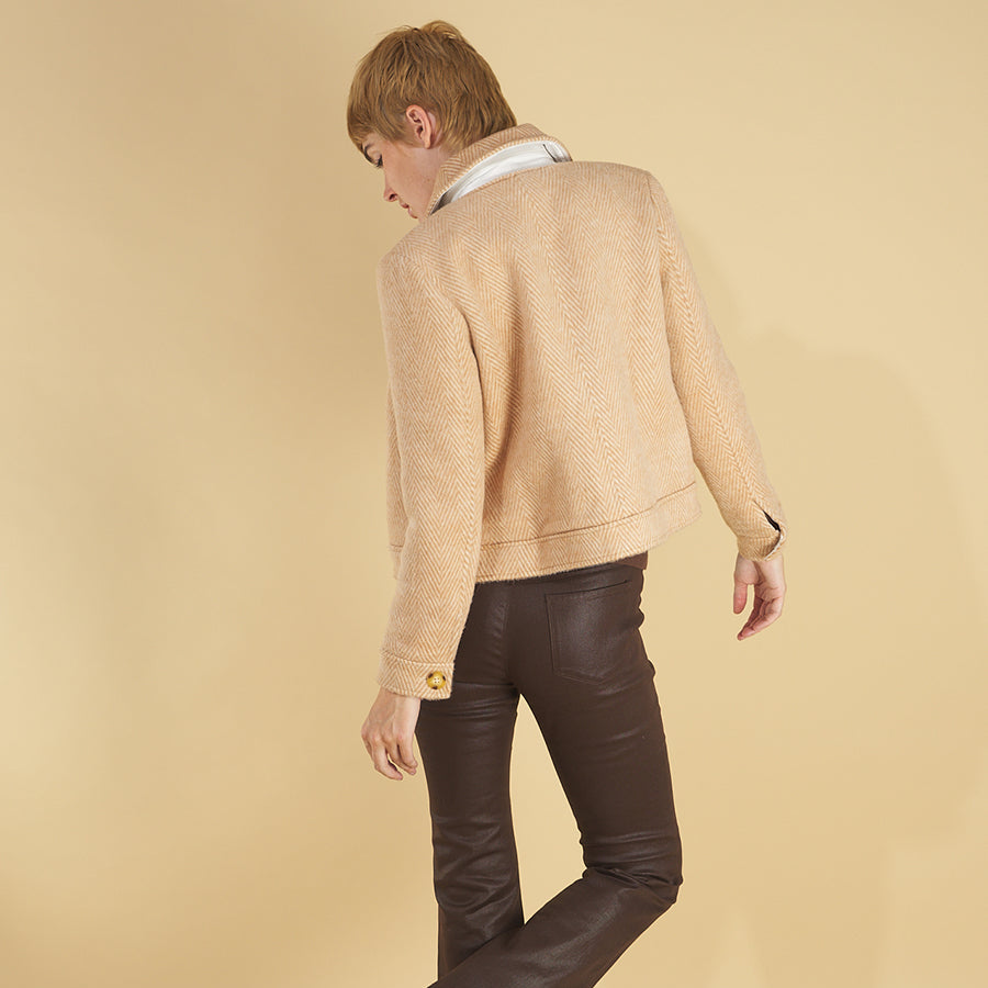 the herringbone harriet jacket by inlarkin back view featuring a herringbone wool-apaca blend for unmatched warmth and texture and sateen trim under the collar