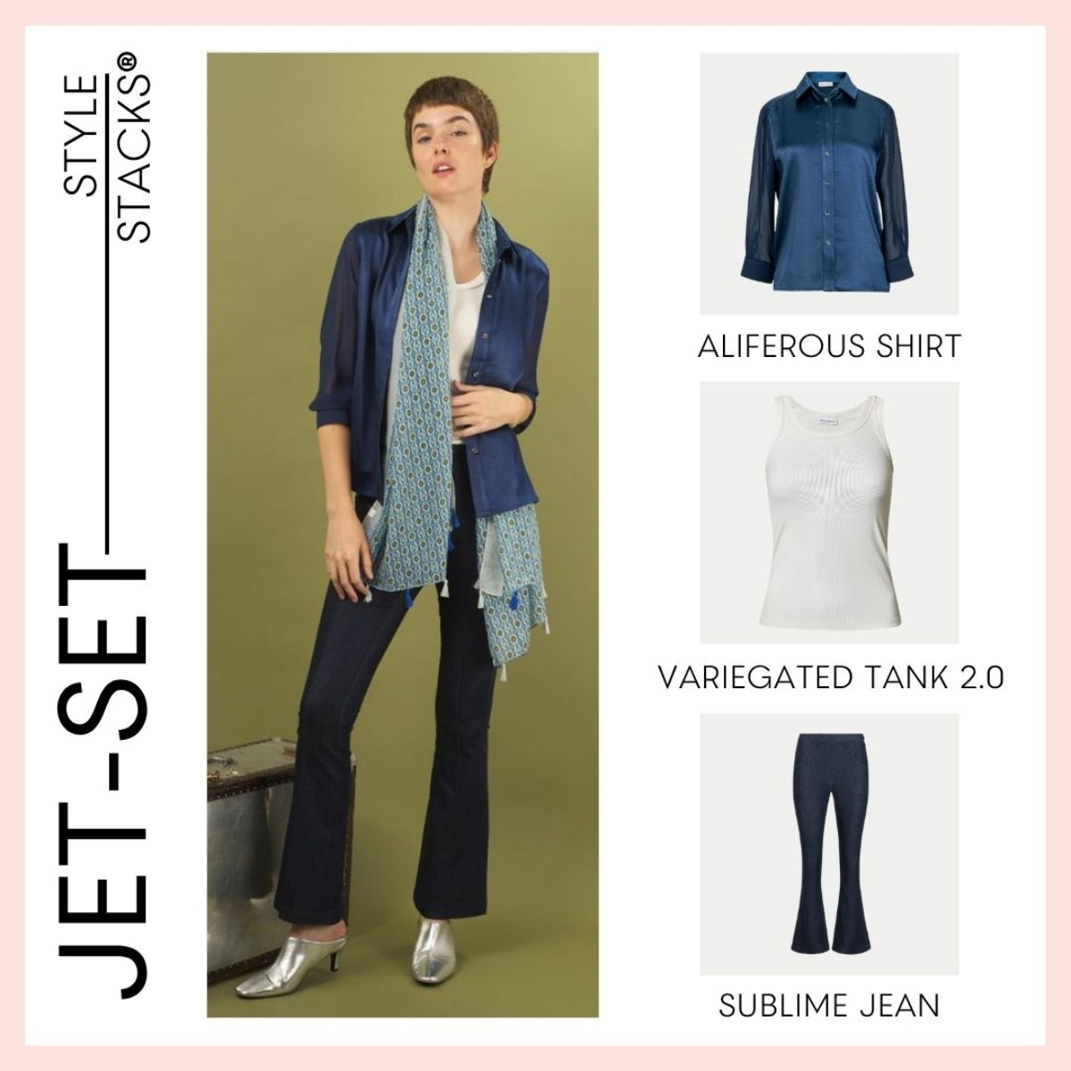 Woman wearing a navy aliferous shirt, white variegated tank top, and dark sublime jeans by inlarkin with a green background. Additional clothing items displayed on the right.
