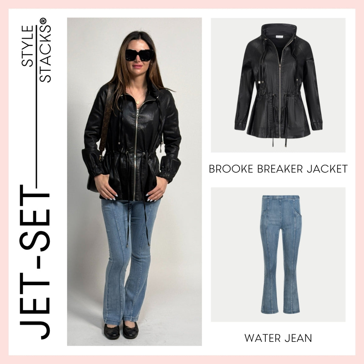 Woman wearing a black gloss twill jacket and blue water jeans by inlarkin with product images and text on a pink background.