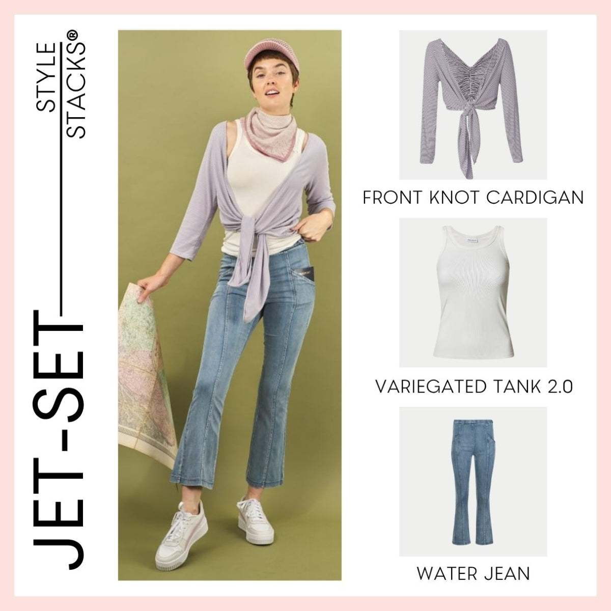 Woman wearing a front knot cardigan, variegated tank, and water jeans by inlarkin with product details on a green background.