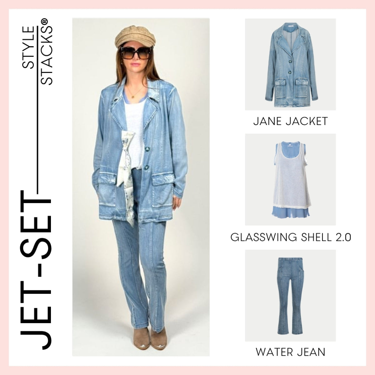 Woman wearing a denim jane jacket, water jeans, and a cap by inlarkin with product images on the right.