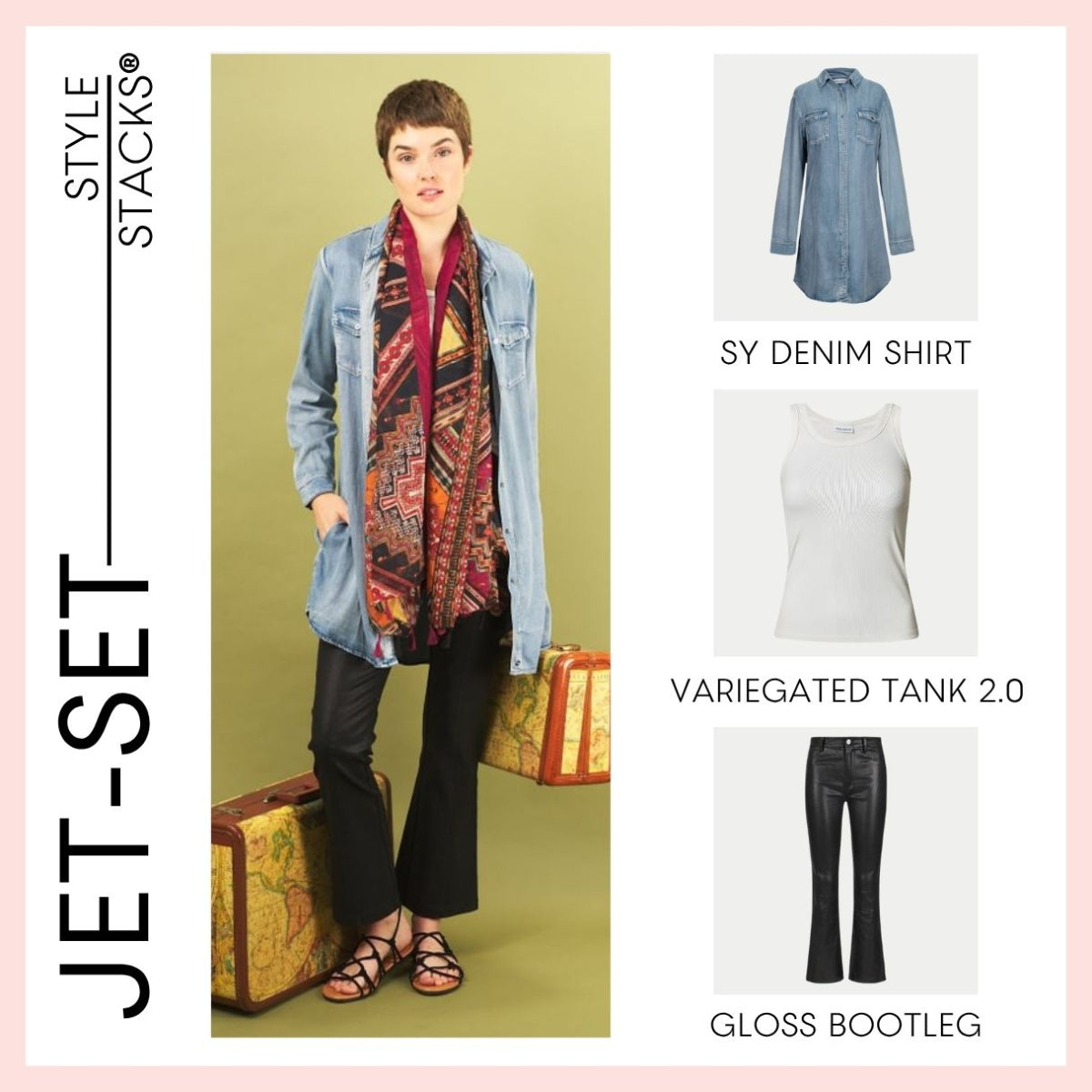 Woman wearing a sy denim shirt, variegated tank, and gloss bootleg by inlarkin with Style Stacks branding.