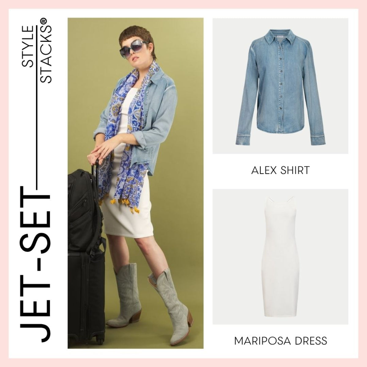 Woman with suitcase wearing the alex denim shirt, and white mariposa dress, by inlarkin with gray boots, and 'Jet-Set Style Stacks' branding.