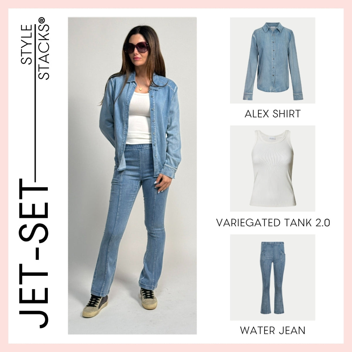 Woman wearing a denim alex shirt, white tank top, and blue water jeans with 'Style Stacks' branding by inlarkin.