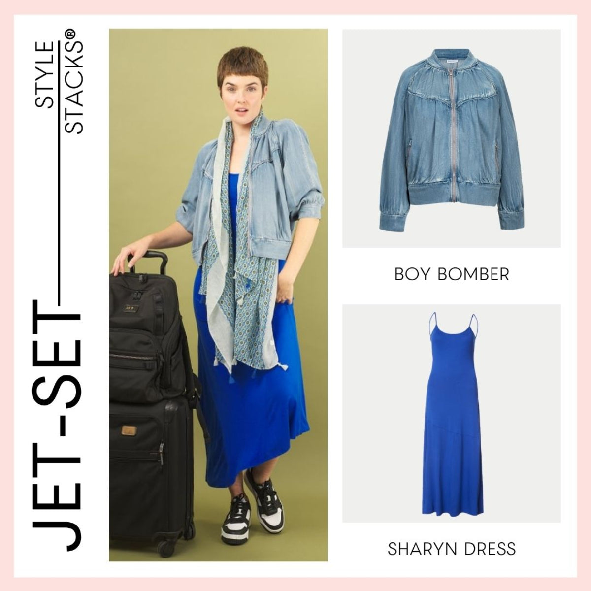 Woman with luggage wearing a denim boy bomber jacket and blue sharyn dress by inlarkin with 'Jet-Set Style Stacks' branding.
