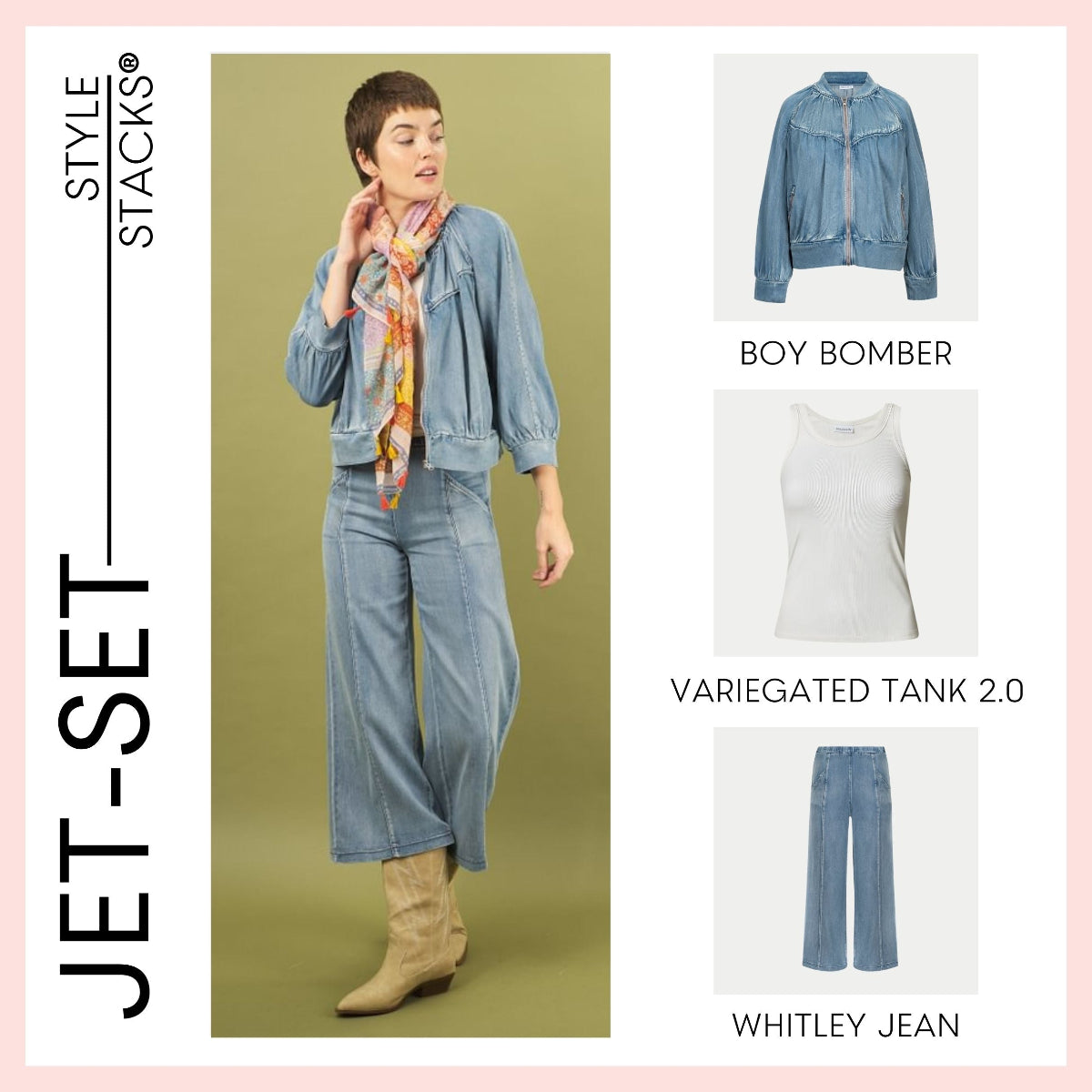 Woman wearing a boy bomber denim jacket, scarf, tank top, and whitley jeans by inlarkin with product names displayed.
