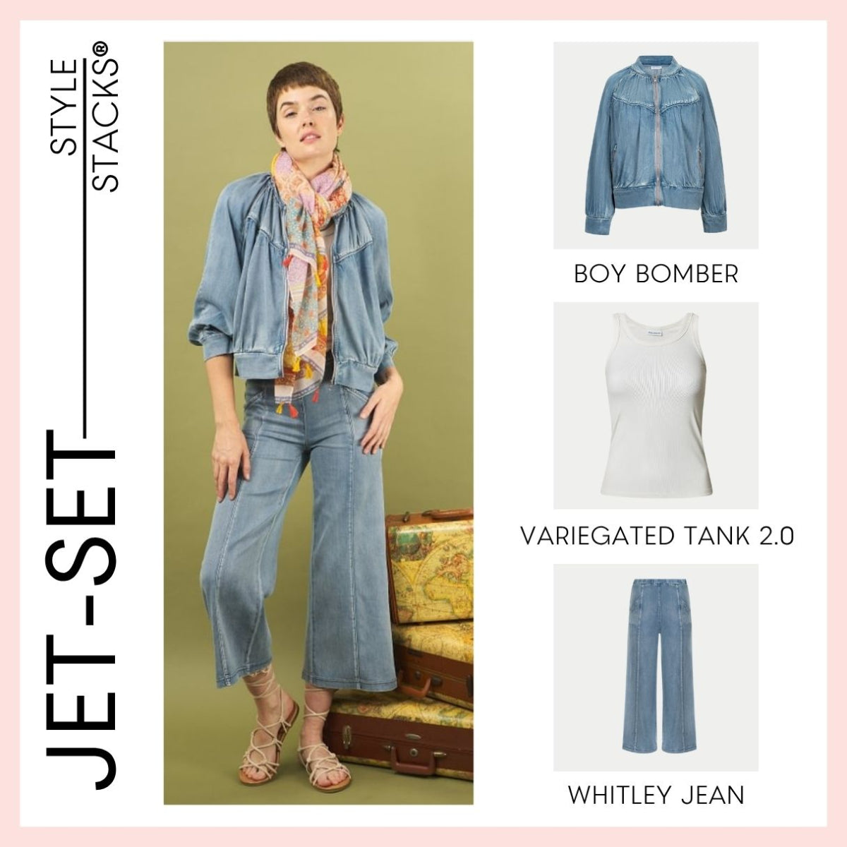 Woman wearing a boy bomber denim jacket, variegated tank and whitley jean by inlarkin.