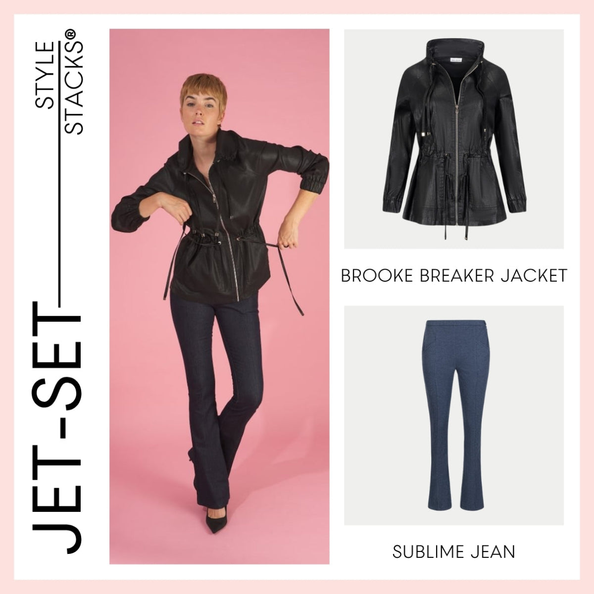 Person wearing a black brooke breaker jacket and sublime blue jeans by inlarkin and 'Style Stacks' branding.