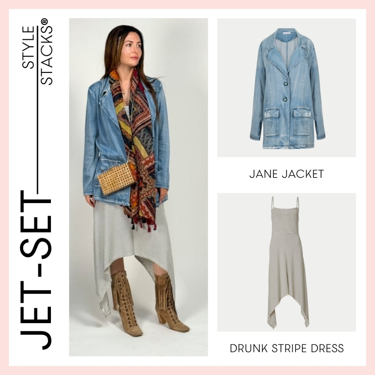 Woman wearing an inlarkin denim jacket, patterned scarf, and high-heeled boots with outfit components displayed.