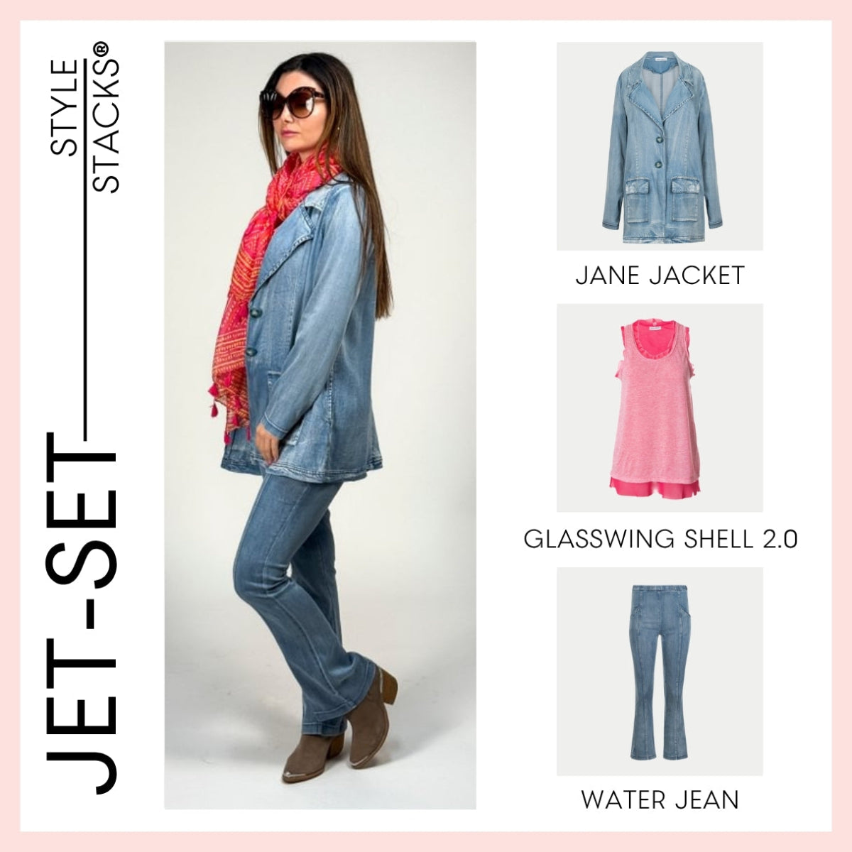 Woman wearing a denim jane jacket by inlarkin with Style Stacks branding and product images on the right.