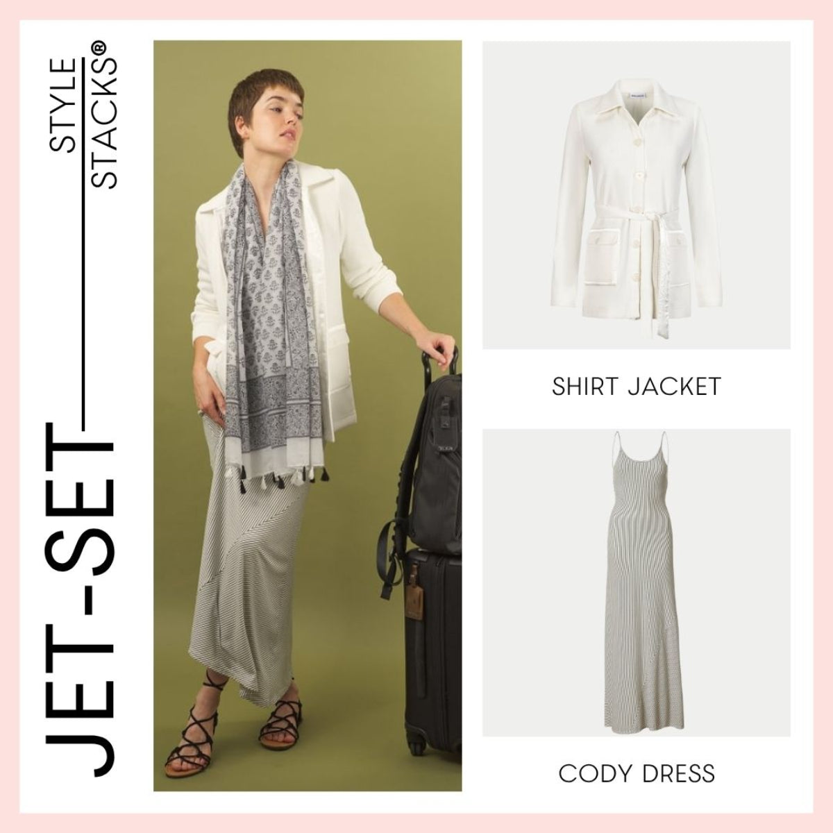Woman wearing a white shirt jacket and white and black striped Cody dress by inlarkin with a suitcase, surrounded by product images on a pink background.