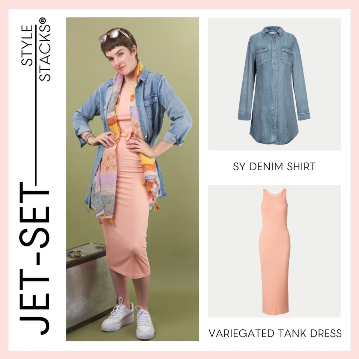 Woman wearing the SY denim shirt over a variegated tank dress in coral with a scarf, with images of the denim shirt and pink dress displayed and branding by inlarkin 'Jet-Set Style Stacks".