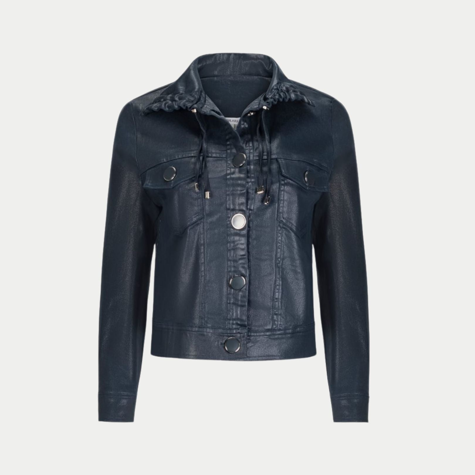 juju jacket in navy front detail by inlarkin showing the resin buttons with fine silver border, drawstring collar and silver drawstring endings
