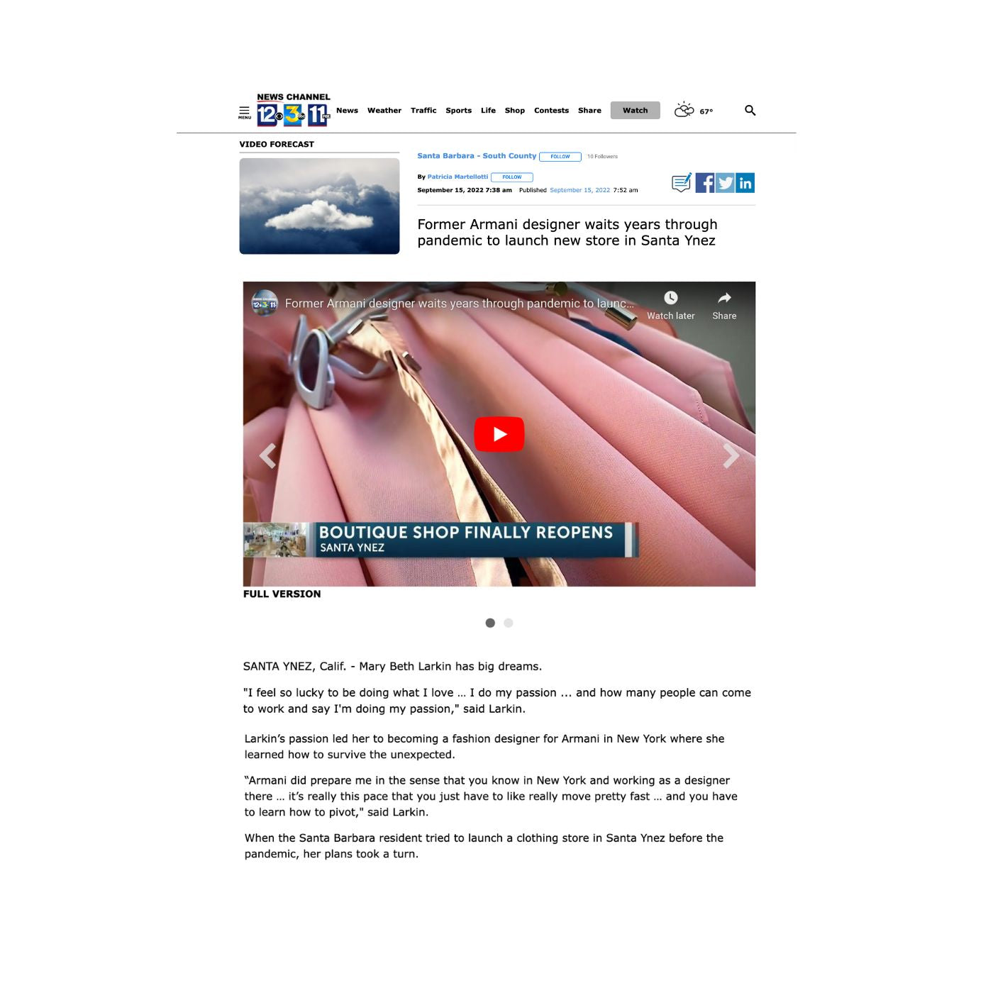 KEYT news channel story on Mary Beth Larkin former armani designer who waited through the pandemic to launch a flagship store in Santa Ynez, California