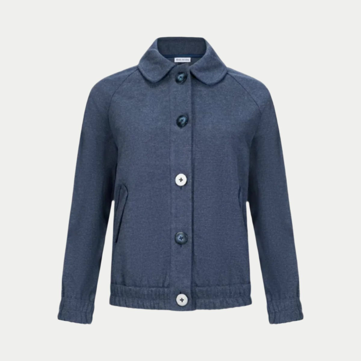 lady bomber jacket front view in indigo by inlarkin showing the seaglass buttons, butterfly collar and gathered hem